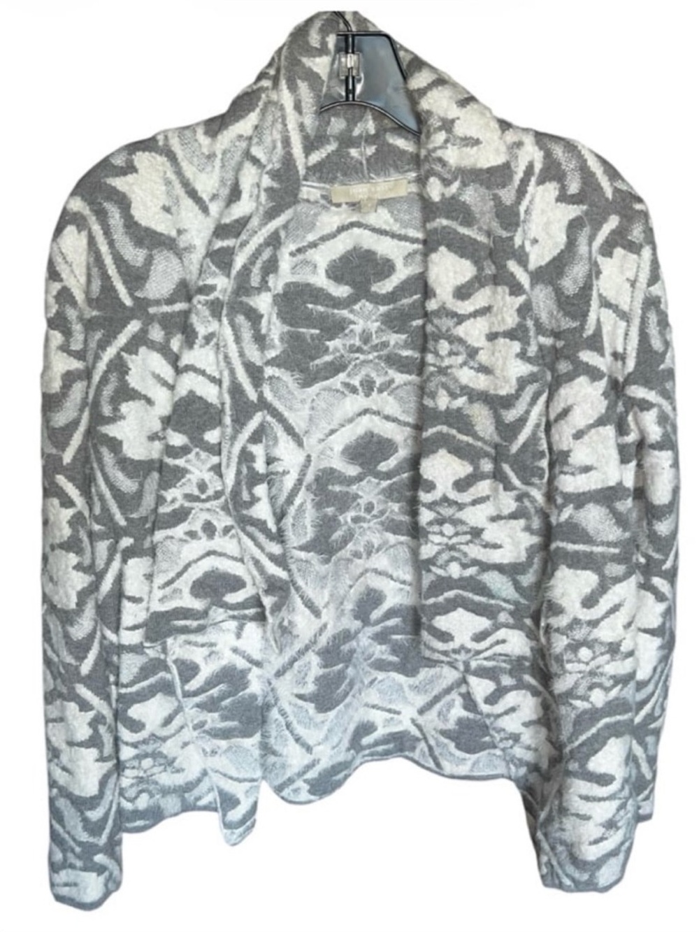 Joan Vass Cozy Gray & White Patterned Open Front Cardigan